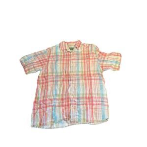 Tommy Bahama Hawaiian Shirt Mens Medium Linen Pink Plaid Camp Aloha